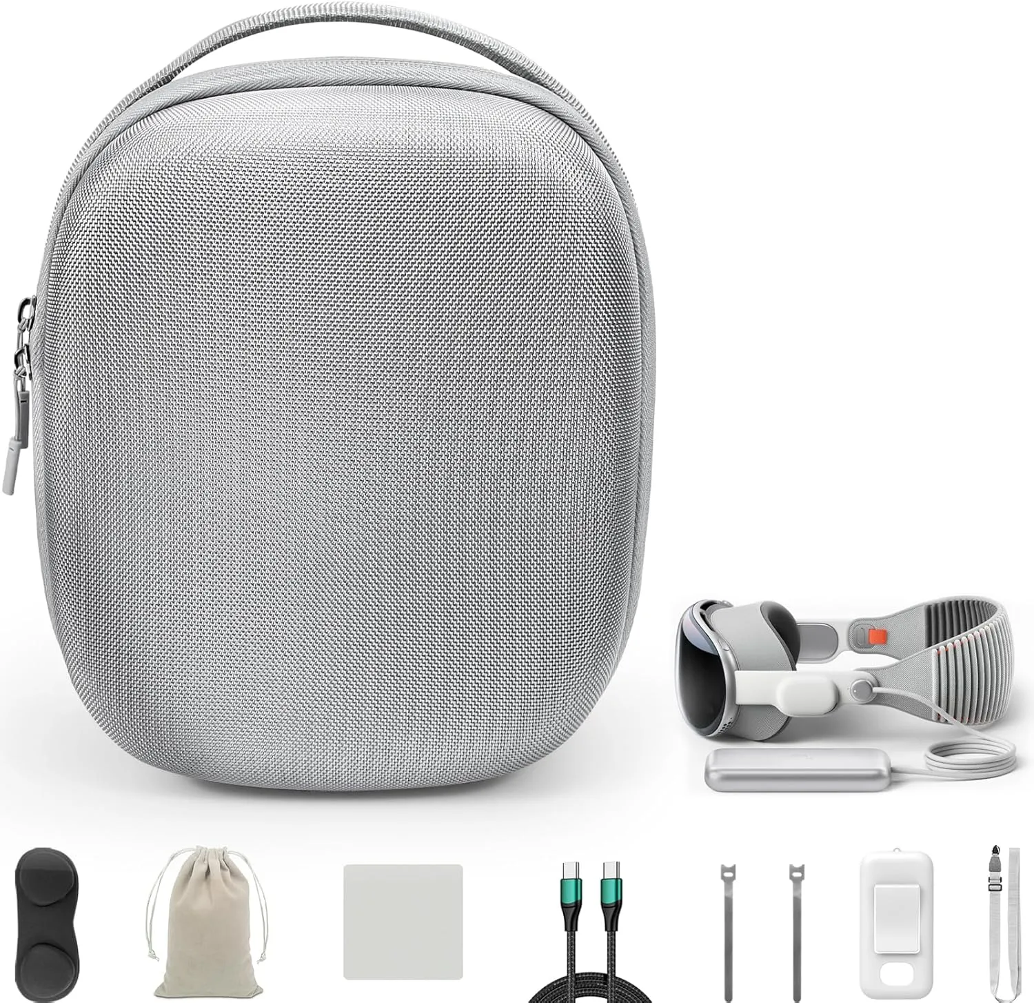 10-in-1 Carrying Case Set for Apple Vision Pro, Practical Accessories Kit for VisionPro VR, with Compact Travel Bag, Battery Holder with Strap, 10ft Cable & Ties, Lens Cover & Wipe, Pouches