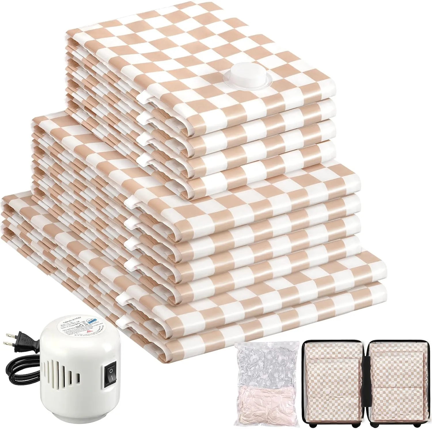 10 Pack Travel Vacuum Storage Bags with Electric Pump, 2 Large 4 Medium 4 Small Vacuum Sealer Bags, 80% Space Saver Bags for Luggage, Comforters and Blankets, Travel Essentials(Light Pink Checkered)