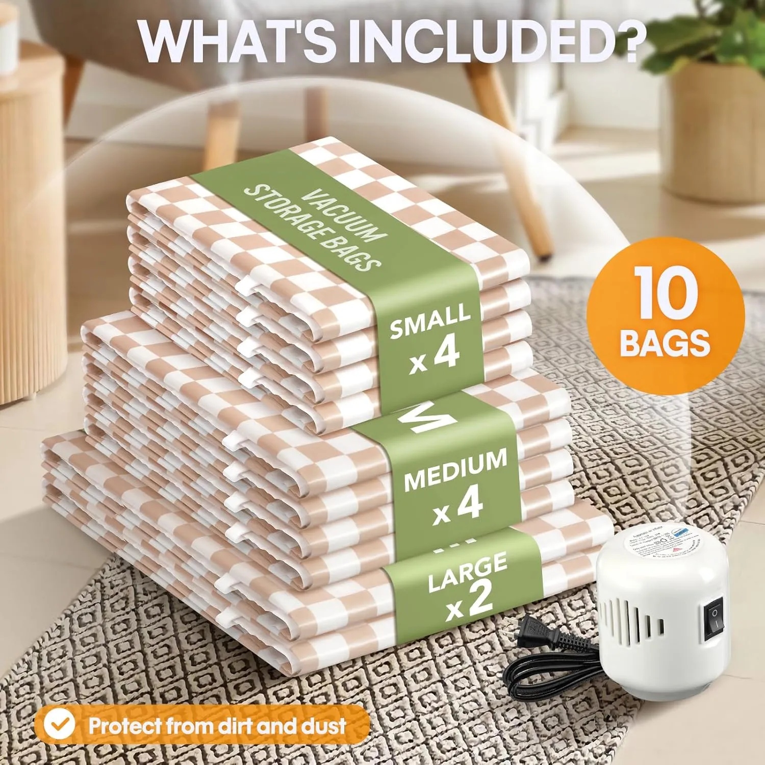 10 Pack Travel Vacuum Storage Bags with Electric Pump, 2 Large 4 Medium 4 Small Vacuum Sealer Bags, 80% Space Saver Bags for Luggage, Comforters and Blankets, Travel Essentials(Light Pink Checkered)