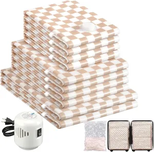 10 Pack Travel Vacuum Storage Bags with Electric Pump, 2 Large 4 Medium 4 Small Vacuum Sealer Bags, 80% Space Saver Bags for Luggage, Comforters and Blankets, Travel Essentials(Light Pink Checkered)