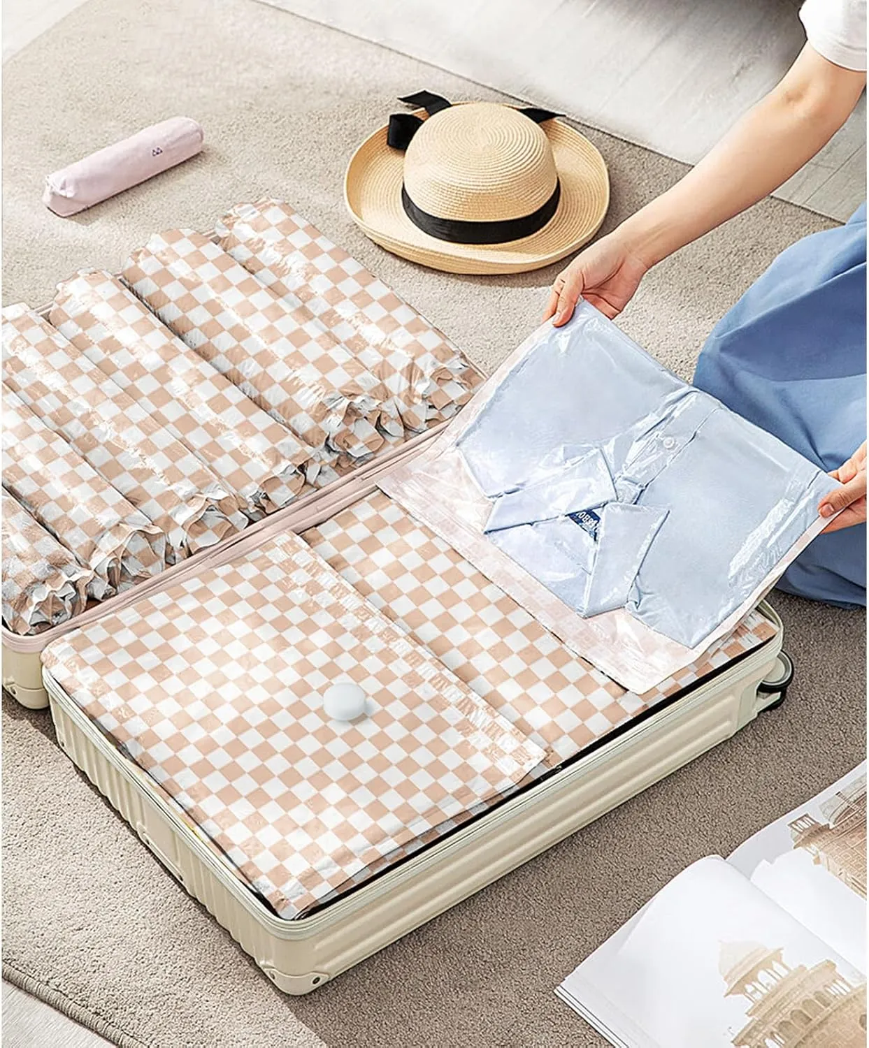10 Pack Travel Vacuum Storage Bags with Electric Pump, 2 Large 4 Medium 4 Small Vacuum Sealer Bags, 80% Space Saver Bags for Luggage, Comforters and Blankets, Travel Essentials(Light Pink Checkered)