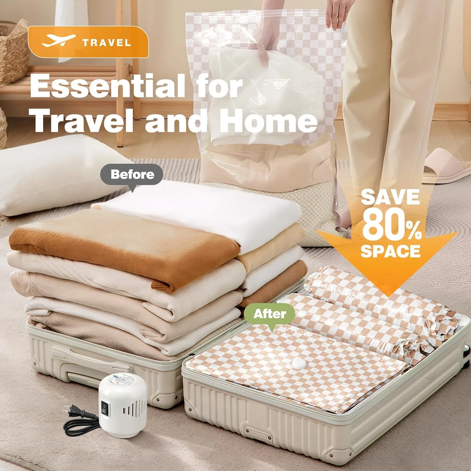 10 Pack Travel Vacuum Storage Bags with Electric Pump, 2 Large 4 Medium 4 Small Vacuum Sealer Bags, 80% Space Saver Bags for Luggage, Comforters and Blankets, Travel Essentials(Light Pink Checkered)