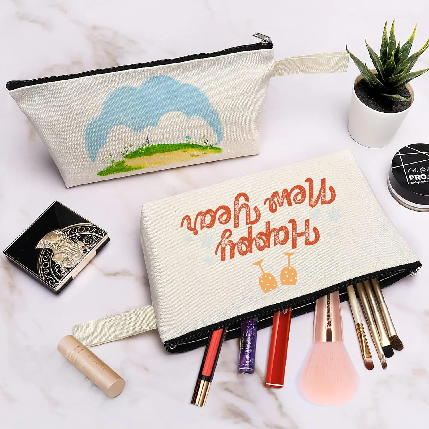 10 Pieces Cotton Canvas Makeup Bag with Bottom, Multi-Purpose Cosmetic Bag with Zipper Travel Toiletry Pouch, Blank DIY Craft Bag Pencil Bag (L, White) (MN-WB07)