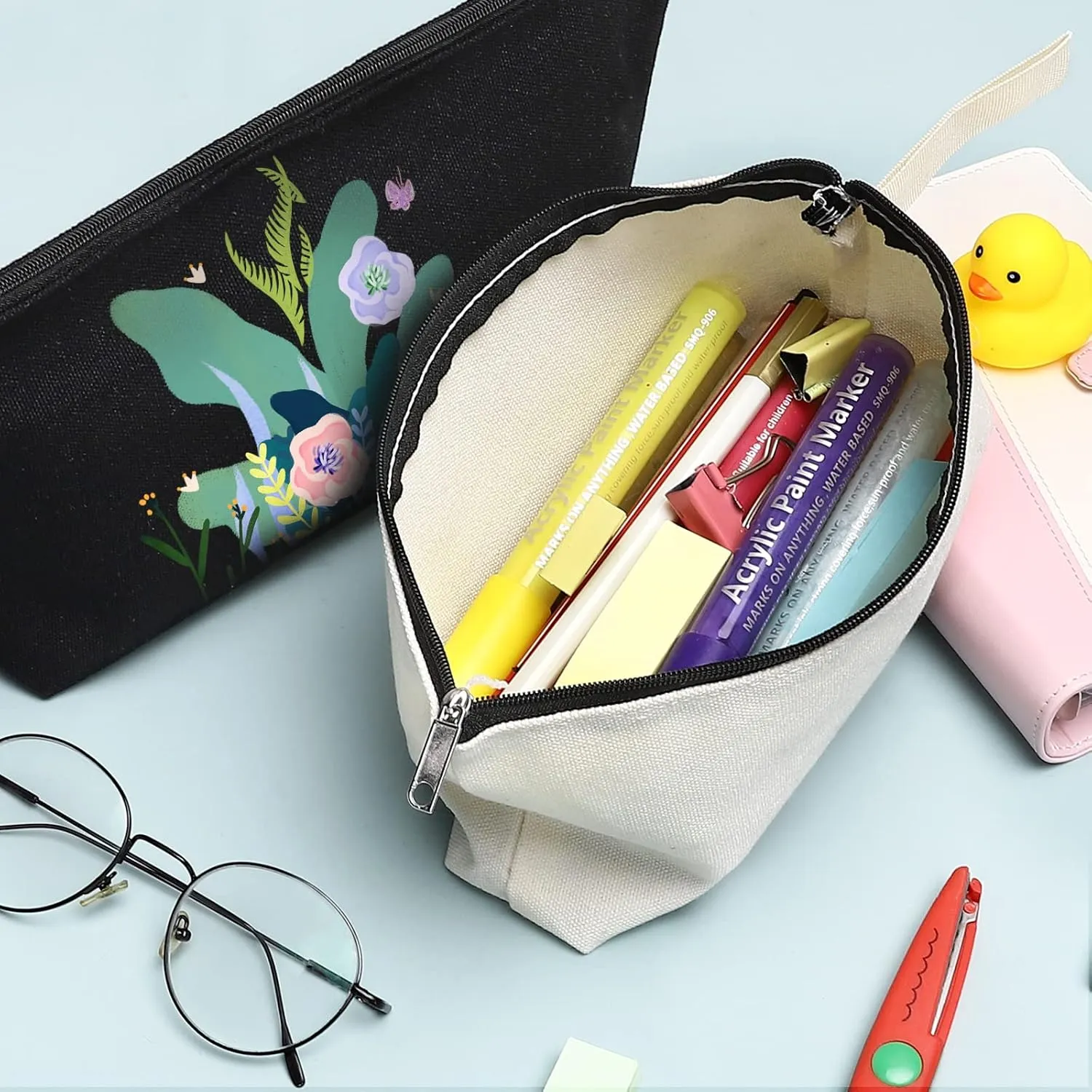 10 Pieces Cotton Canvas Makeup Bag with Bottom, Multi-Purpose Cosmetic Bag with Zipper Travel Toiletry Pouch, Blank DIY Craft Bag Pencil Bag (L, White) (MN-WB07)
