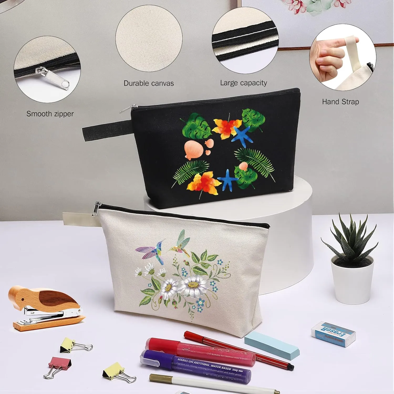 10 Pieces Cotton Canvas Makeup Bag with Bottom, Multi-Purpose Cosmetic Bag with Zipper Travel Toiletry Pouch, Blank DIY Craft Bag Pencil Bag (L, White) (MN-WB07)