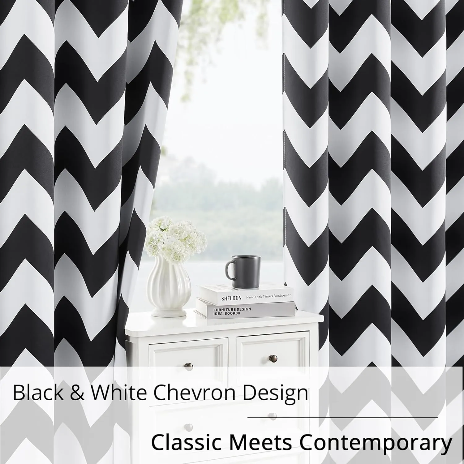 100% Blackout Curtains – Classic Black and White Chevron Curtains, 2 Panels, Each W52×L84, Thermal Insulated, Nosie Reduce, for Bedroom and Livingroom