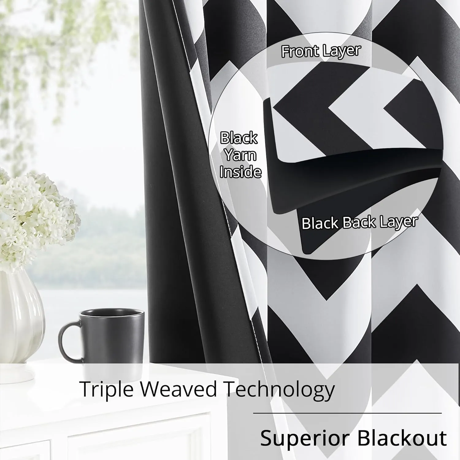 100% Blackout Curtains – Classic Black and White Chevron Curtains, 2 Panels, Each W52×L84, Thermal Insulated, Nosie Reduce, for Bedroom and Livingroom