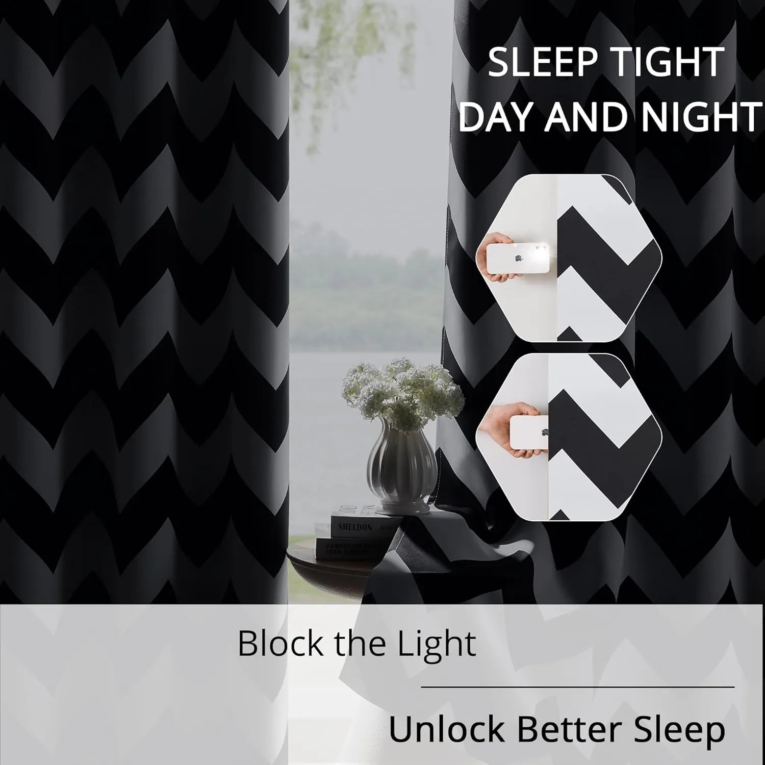 100% Blackout Curtains – Classic Black and White Chevron Curtains, 2 Panels, Each W52×L84, Thermal Insulated, Nosie Reduce, for Bedroom and Livingroom