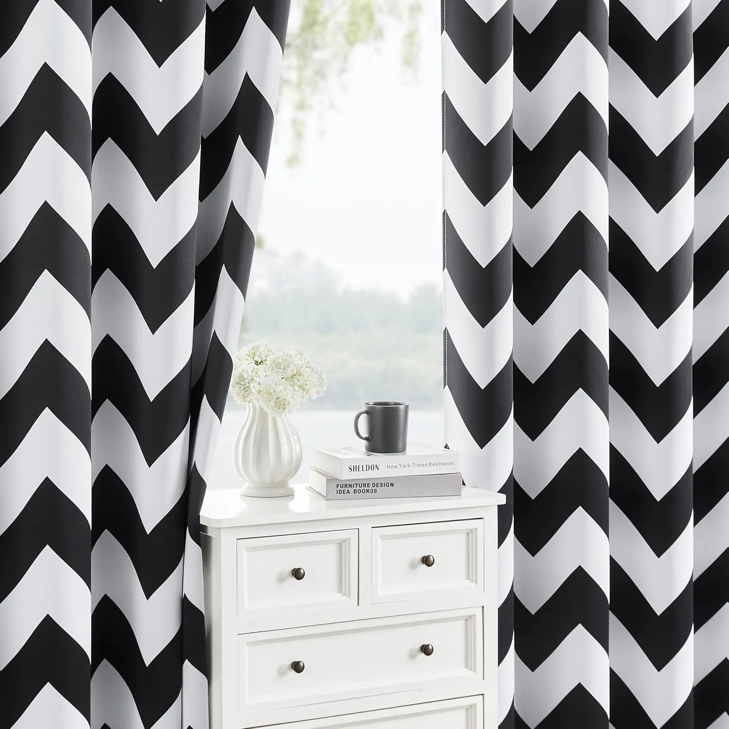 100% Blackout Curtains – Classic Black and White Chevron Curtains, 2 Panels, Each W52×L84, Thermal Insulated, Nosie Reduce, for Bedroom and Livingroom
