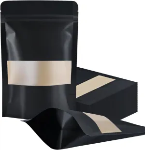 100 Pcs Resealable bags,3.9" x 5.9" Stand Up Black Kraft Paper Bags with Matte Window, Zip Lock Food Storage Bags for Packaging Products, Reusable, Sealable