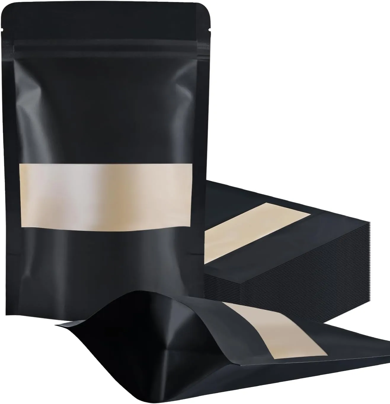 100 Pcs Resealable bags,3.9" x 5.9" Stand Up Black Kraft Paper Bags with Matte Window, Zip Lock Food Storage Bags for Packaging Products, Reusable, Sealable