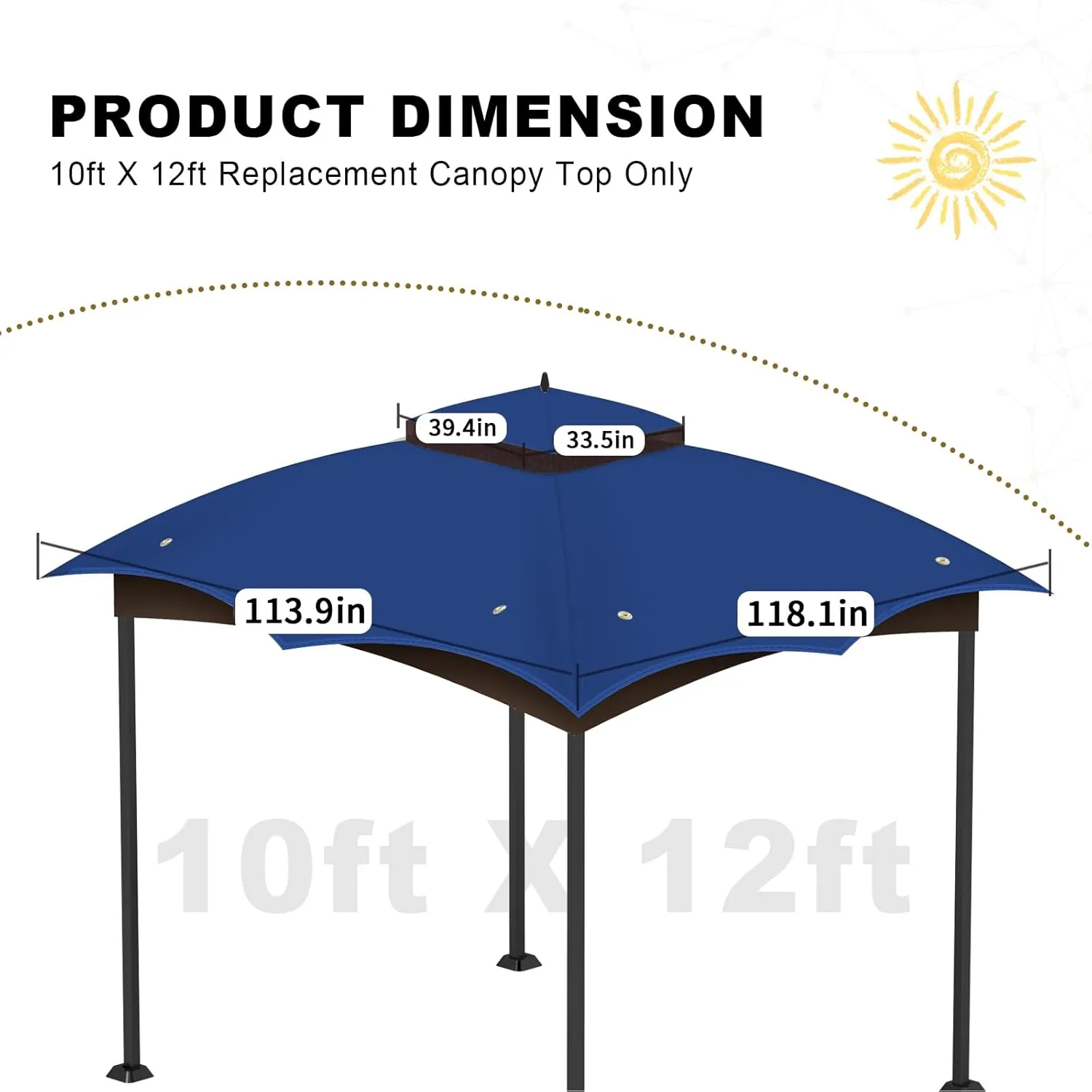 10x12 Replacement Gazebo Canopy Top Cover, Double Tiered Waterproof Canopy Roof for Lowe's Allen Roth Gazebo #GF-12S004B-1 (Blue)