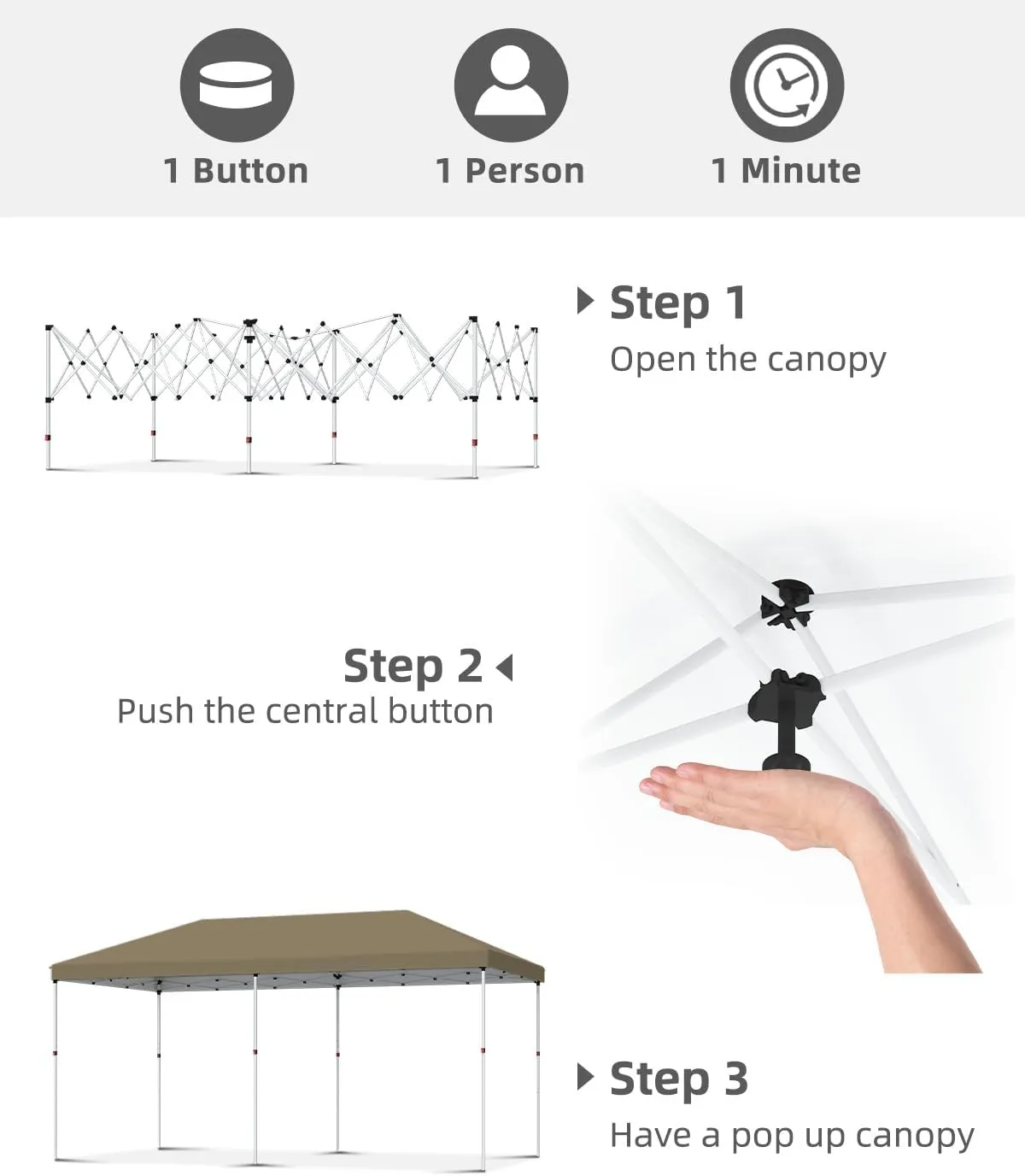 10x20 Ft Heavy-Duty Commercial Pop-Up Canopy Tent – One-Person Instant Setup, No Removable Sidewalls for Outdoor Markets, Sports & Events,Grey