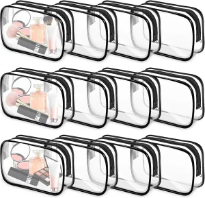 12 PCS Clear Makeup Bags,Clear Toiletry Bag,PVC Clear Cosmetic Bags with Zipper,Portable Transparent Toiletry Bags for Travel Women Men(Black,Medium)