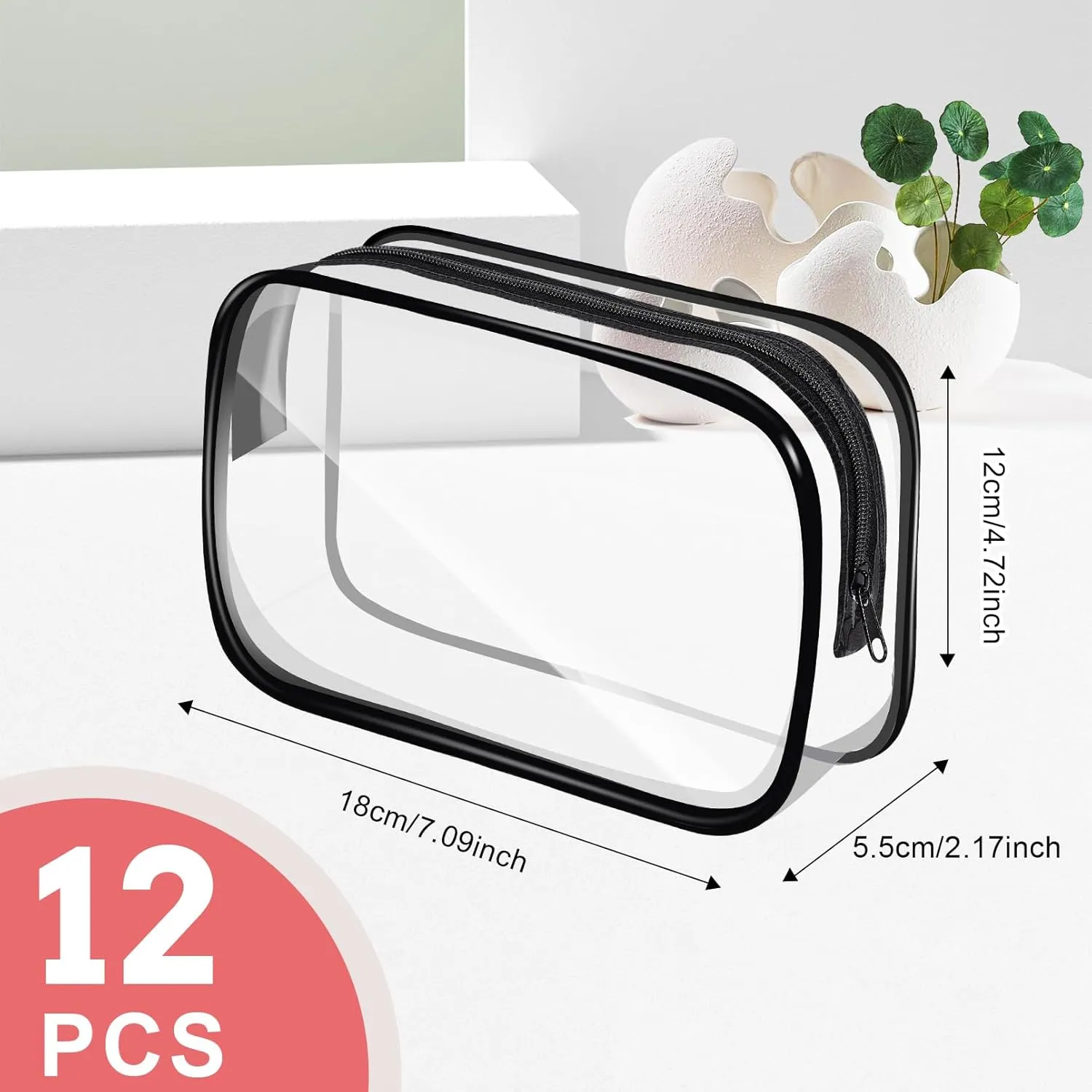 12 PCS Clear Makeup Bags,Clear Toiletry Bag,PVC Clear Cosmetic Bags with Zipper,Portable Transparent Toiletry Bags for Travel Women Men(Black,Medium)
