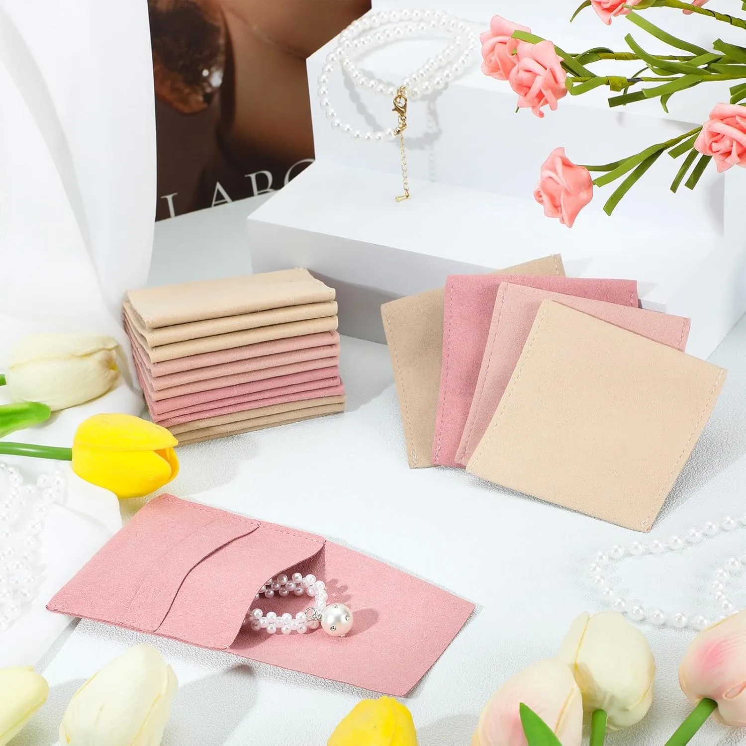 120 Pcs Microfiber Jewelry Pouch 8x8cm Packaging Bag Luxury Gift Fixed Strap Envelope Style Packaging with Cleaning Cloth(Fresh Color)
