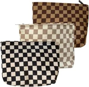 1/2/3Pcs Brown Checkered Makeup Bags Small Zipper Cosmetic Bag for Purse Corduroy Cute Make Up Pouch Travel (3 Colors)