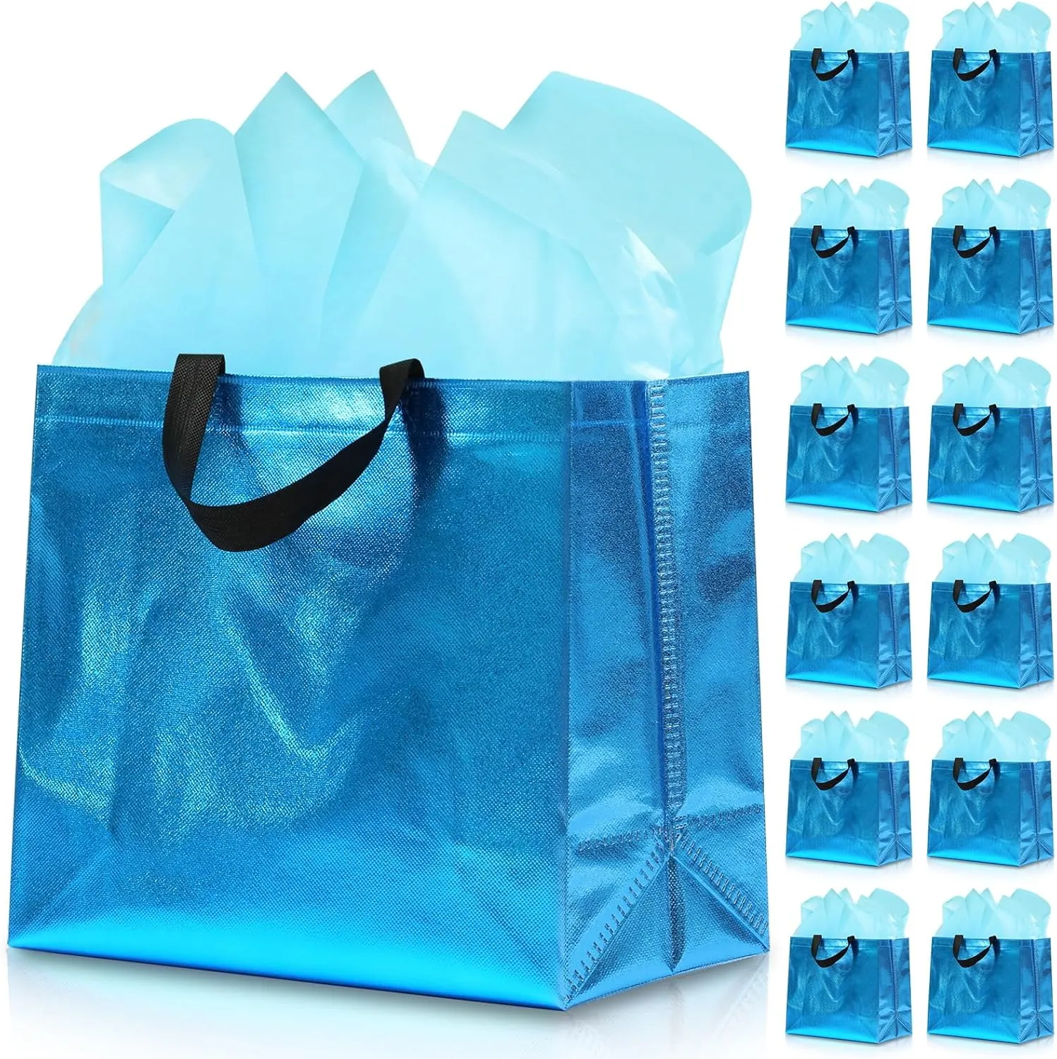 12Pcs Reusable Gift Bags（Includes Tissue Paper） Gift bag with handle Birthdays Parties Holidays Weddings Medium 13x5x11in cyan Bags