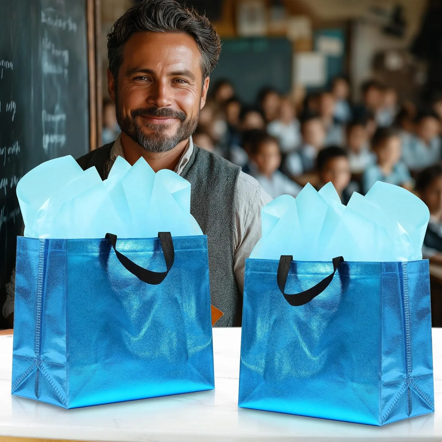 12Pcs Reusable Gift Bags（Includes Tissue Paper） Gift bag with handle Birthdays Parties Holidays Weddings Medium 13x5x11in cyan Bags