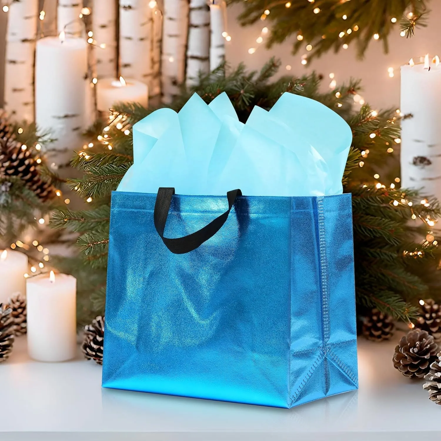 12Pcs Reusable Gift Bags（Includes Tissue Paper） Gift bag with handle Birthdays Parties Holidays Weddings Medium 13x5x11in cyan Bags