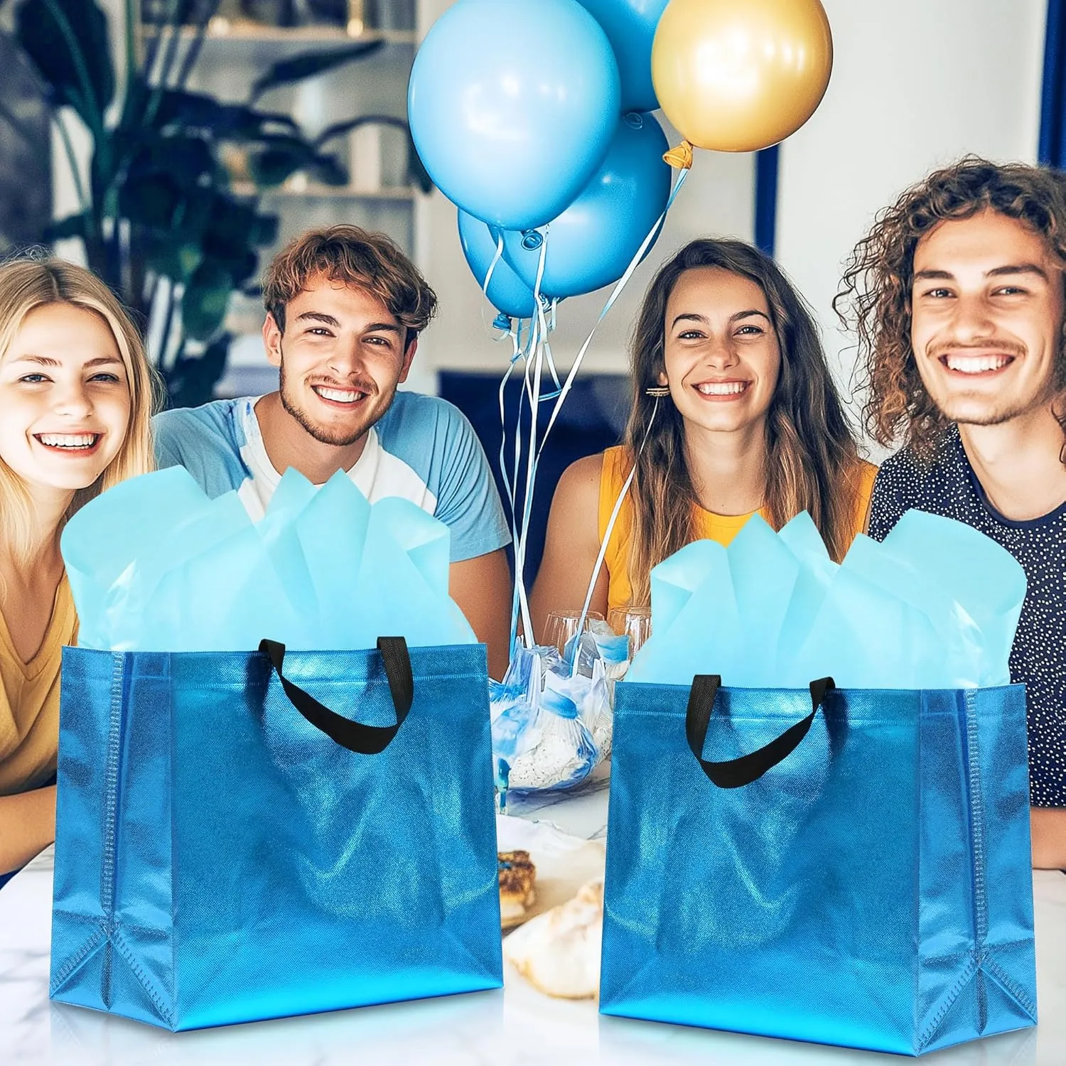 12Pcs Reusable Gift Bags（Includes Tissue Paper） Gift bag with handle Birthdays Parties Holidays Weddings Medium 13x5x11in cyan Bags