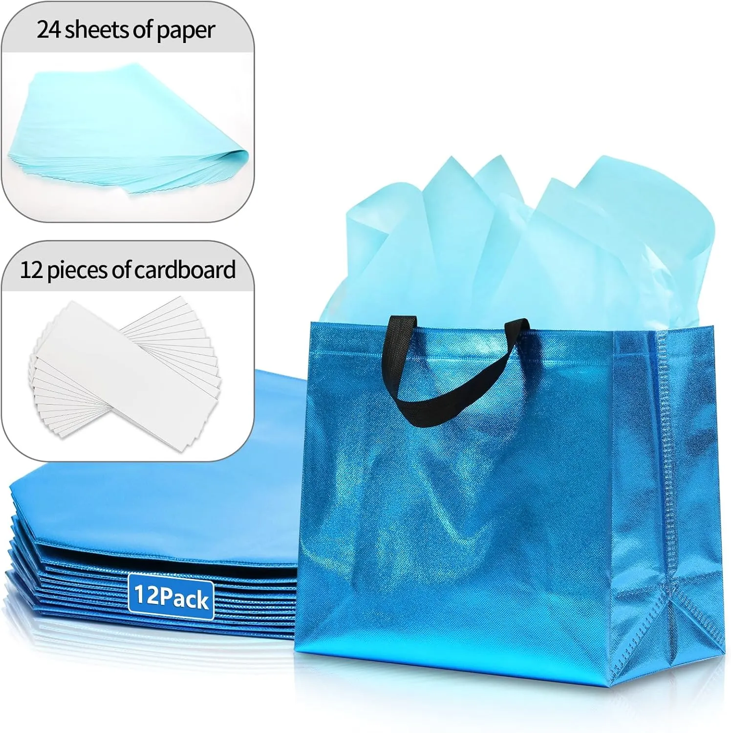12Pcs Reusable Gift Bags（Includes Tissue Paper） Gift bag with handle Birthdays Parties Holidays Weddings Medium 13x5x11in cyan Bags
