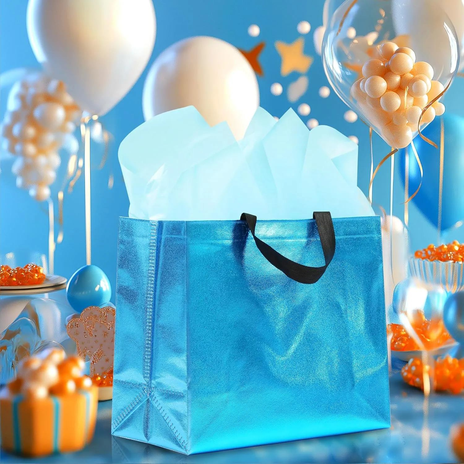12Pcs Reusable Gift Bags（Includes Tissue Paper） Gift bag with handle Birthdays Parties Holidays Weddings Medium 13x5x11in cyan Bags