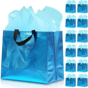 12Pcs Reusable Gift Bags（Includes Tissue Paper） Gift bag with handle Birthdays Parties Holidays Weddings Medium 13x5x11in cyan Bags