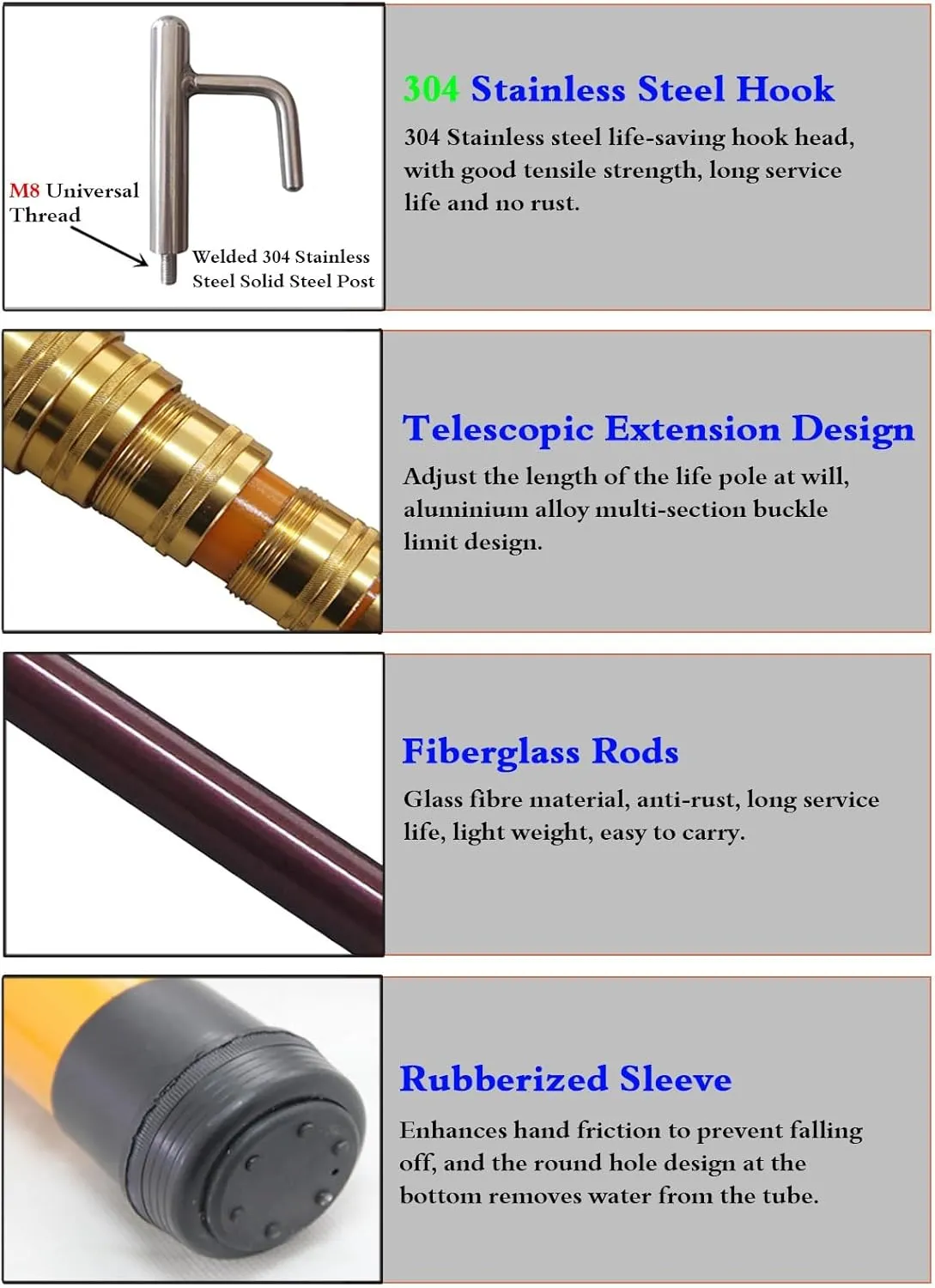13' 16 Ft 20 Feet Long Telescoping Retrieval Hook Utility, Adjustable Rustproof Safety Boat Push Pole for Docking Rope, Swimming Pool Rescuing Gripping Tool(Brown,5M/16.4FT)