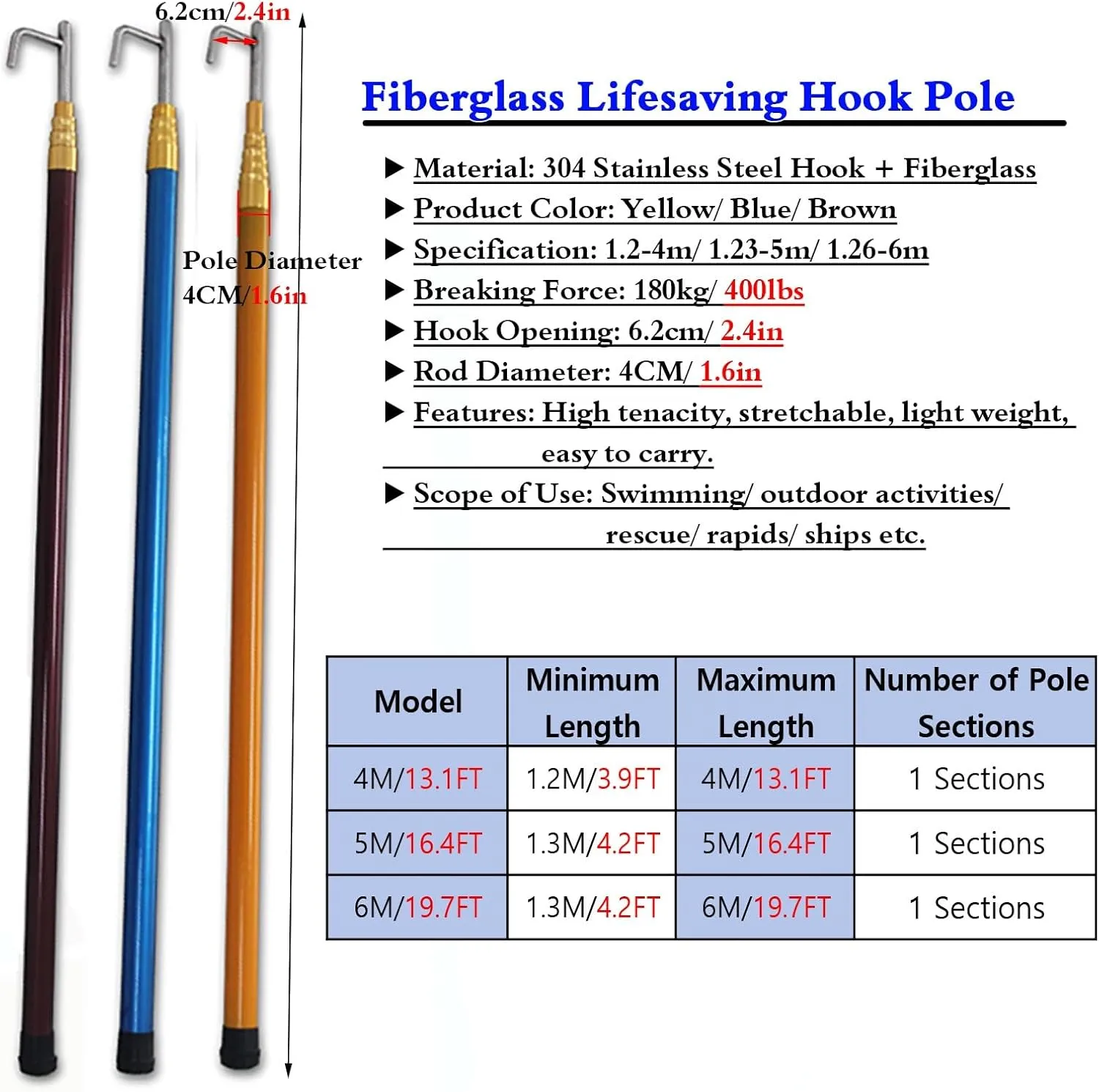 13' 16 Ft 20 Feet Long Telescoping Retrieval Hook Utility, Adjustable Rustproof Safety Boat Push Pole for Docking Rope, Swimming Pool Rescuing Gripping Tool(Brown,5M/16.4FT)