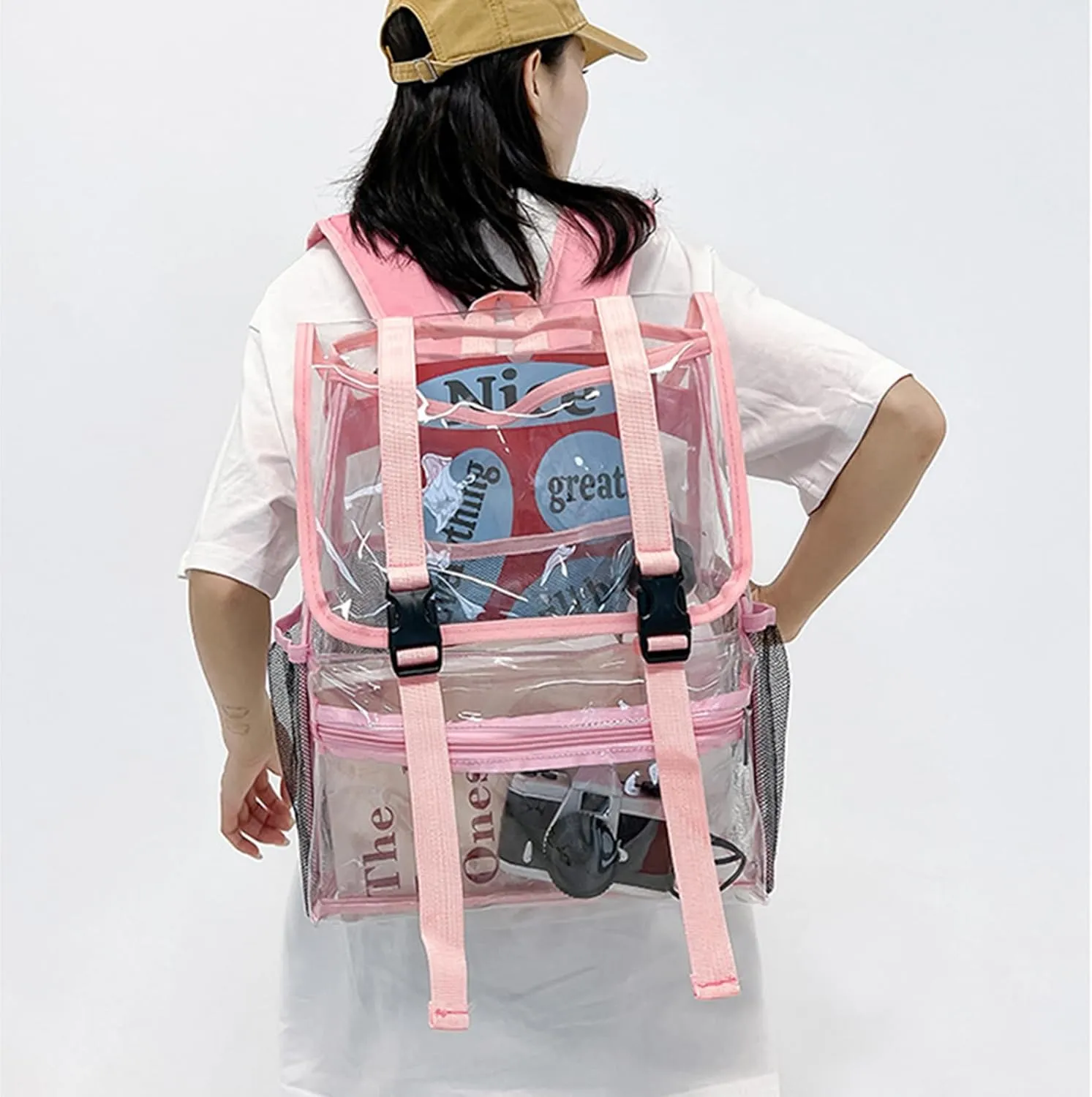 15'' Heavy Duty Clear Backpack,PVC See Through knapsack for Sports, Work, Stadium, Security, Travel, College (Flip pink)