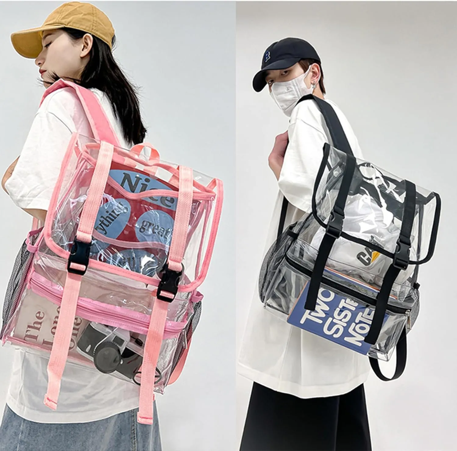 15'' Heavy Duty Clear Backpack,PVC See Through knapsack for Sports, Work, Stadium, Security, Travel, College (Flip pink)