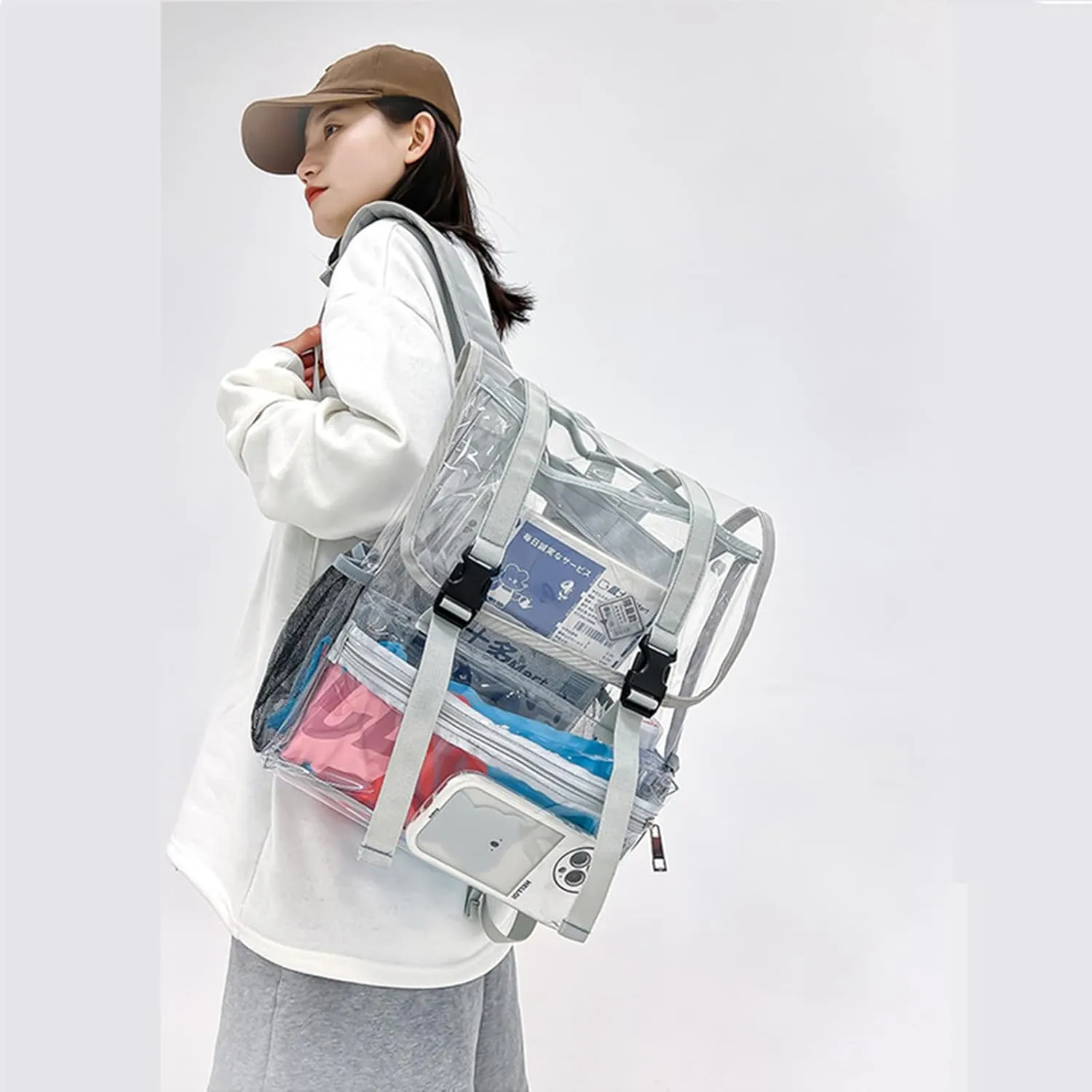 15'' Heavy Duty Clear Backpack,PVC See Through mochila for Sports, Work, Stadium, Security, Travel, College (Flip gray)