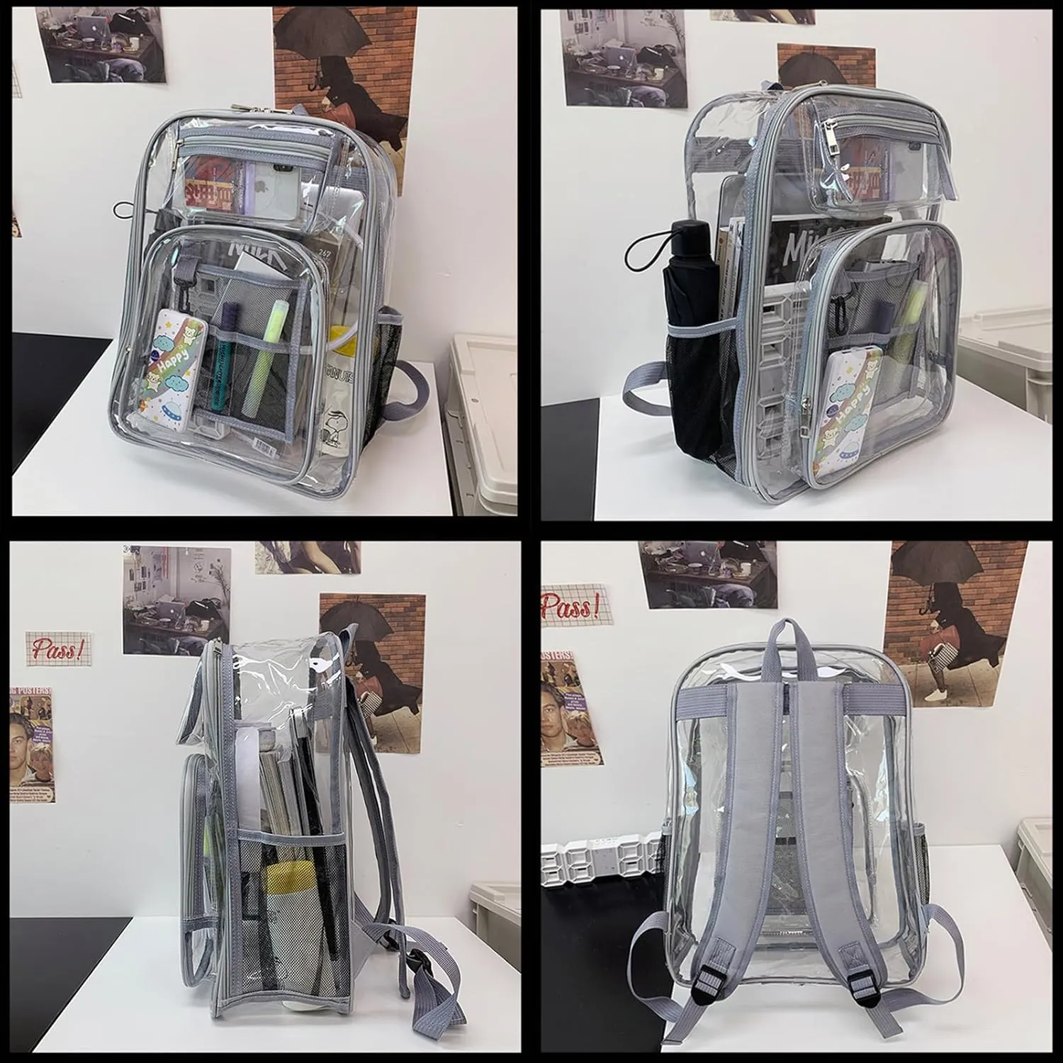 16'' Clear Backpack Heavy Duty PVC Transparent Bookbags with Padded Shoulders for travel,Work,College, Stadium (grey)