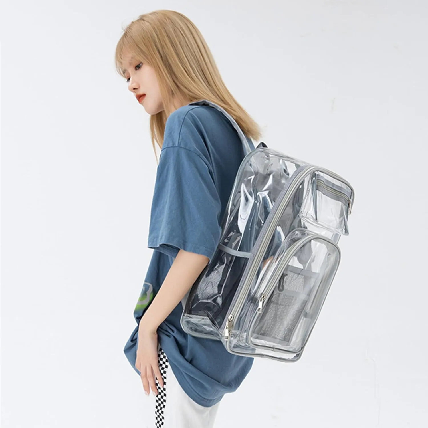 16'' Clear Backpack Heavy Duty PVC Transparent Bookbags with Padded Shoulders for travel,Work,College, Stadium (grey)