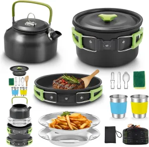 16pcs Camping Cookware, Backpacking Compact Camping Cooking Set Camping Pot with Stainless Steel Cups Plates Forks Knives Spoons, Camping Pots and Pans Set for Backpacking, Outdoor Cooking