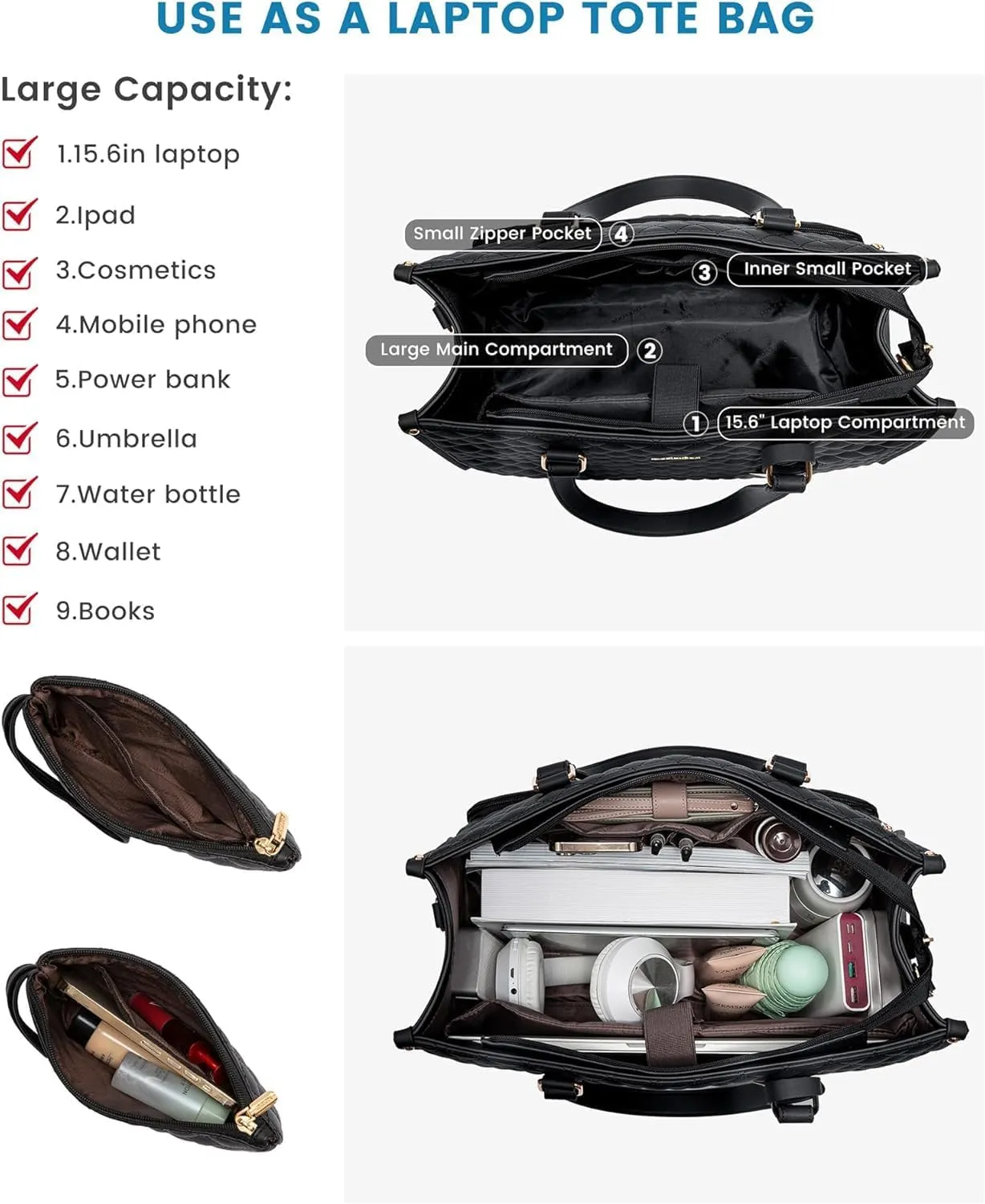 2 In 1 Tote Bag Lunch Bag Combo, Lunch Tote Bags for Women with Lunch Compartment, The Ultimate 2-in-1 Tote Bags (Black)