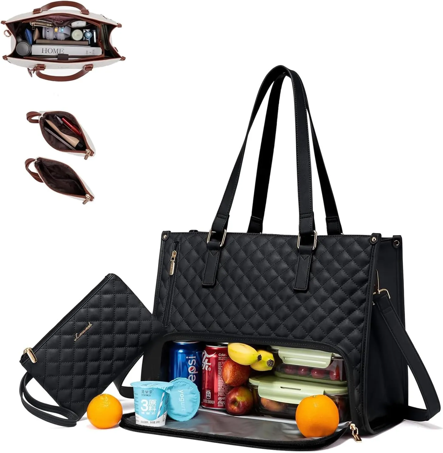 2 In 1 Tote Bag Lunch Bag Combo, Lunch Tote Bags for Women with Lunch Compartment, The Ultimate 2-in-1 Tote Bags (Black)