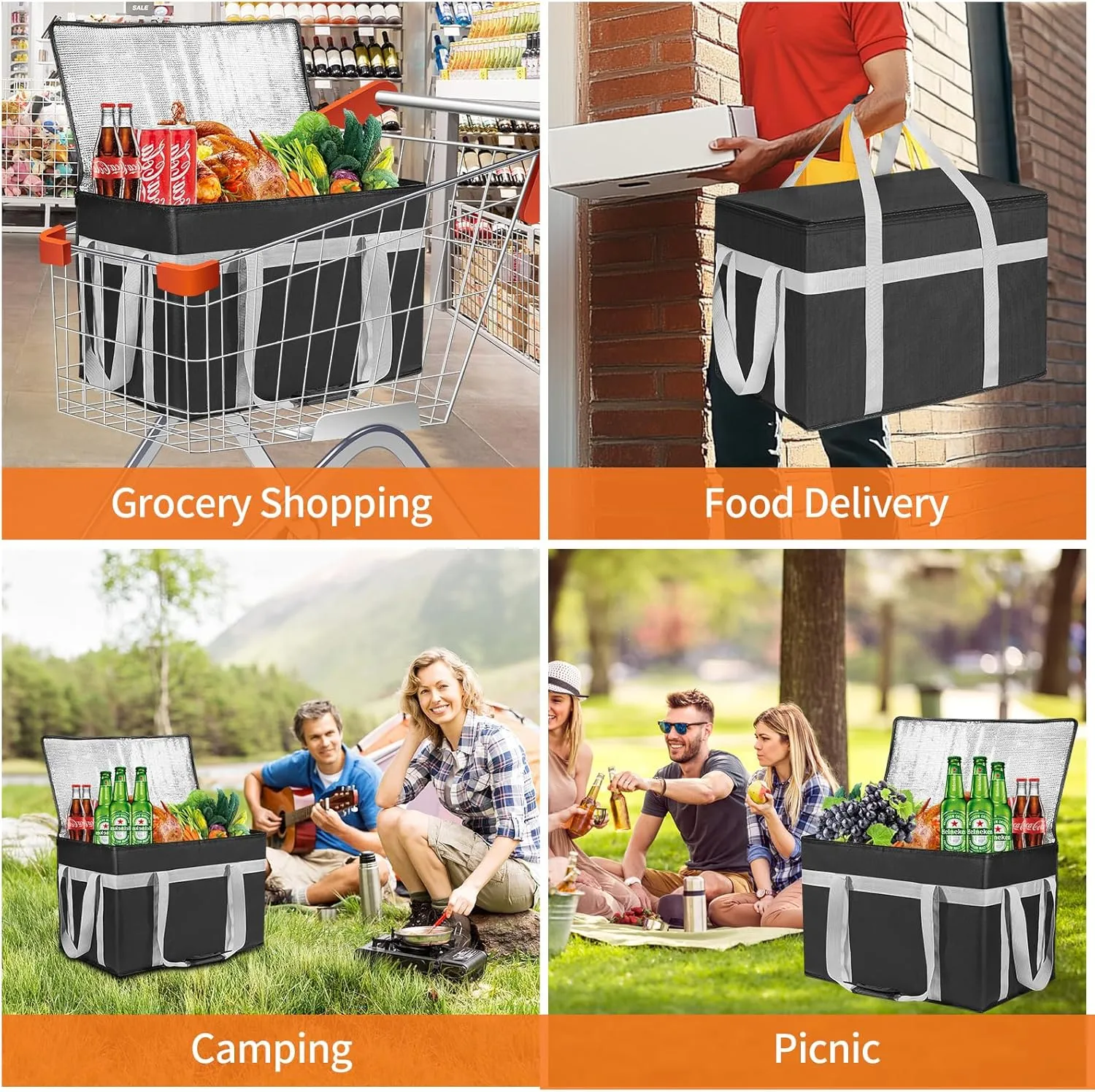 2 Pack Insulated Food Delivery Bag with Removable Hard Bottom, XXXL Reusable Insulated Grocery Bag for Hot and Cold Food, Catering Cooler for Doordash,Warmers, Parties (Black)