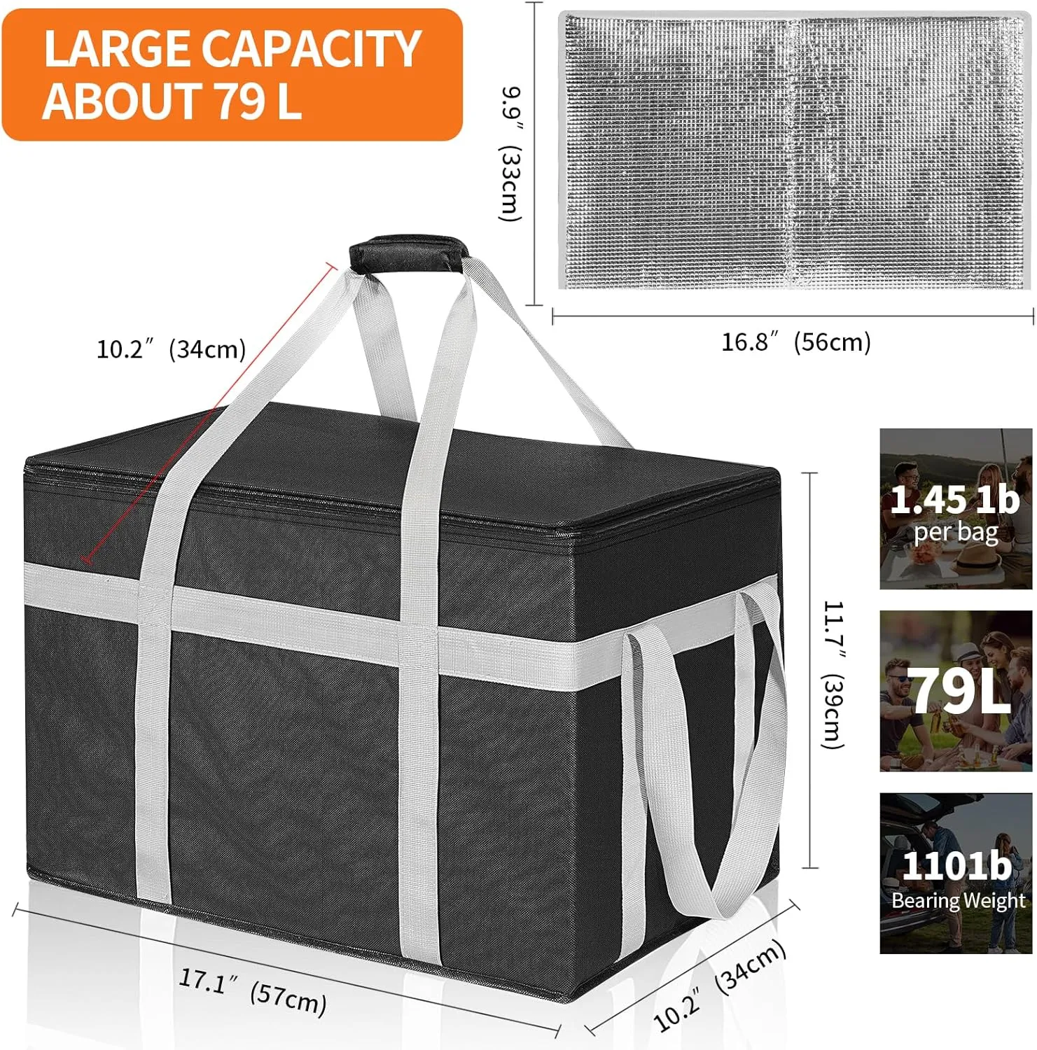 2 Pack Insulated Food Delivery Bag with Removable Hard Bottom, XXXL Reusable Insulated Grocery Bag for Hot and Cold Food, Catering Cooler for Doordash,Warmers, Parties (Black)