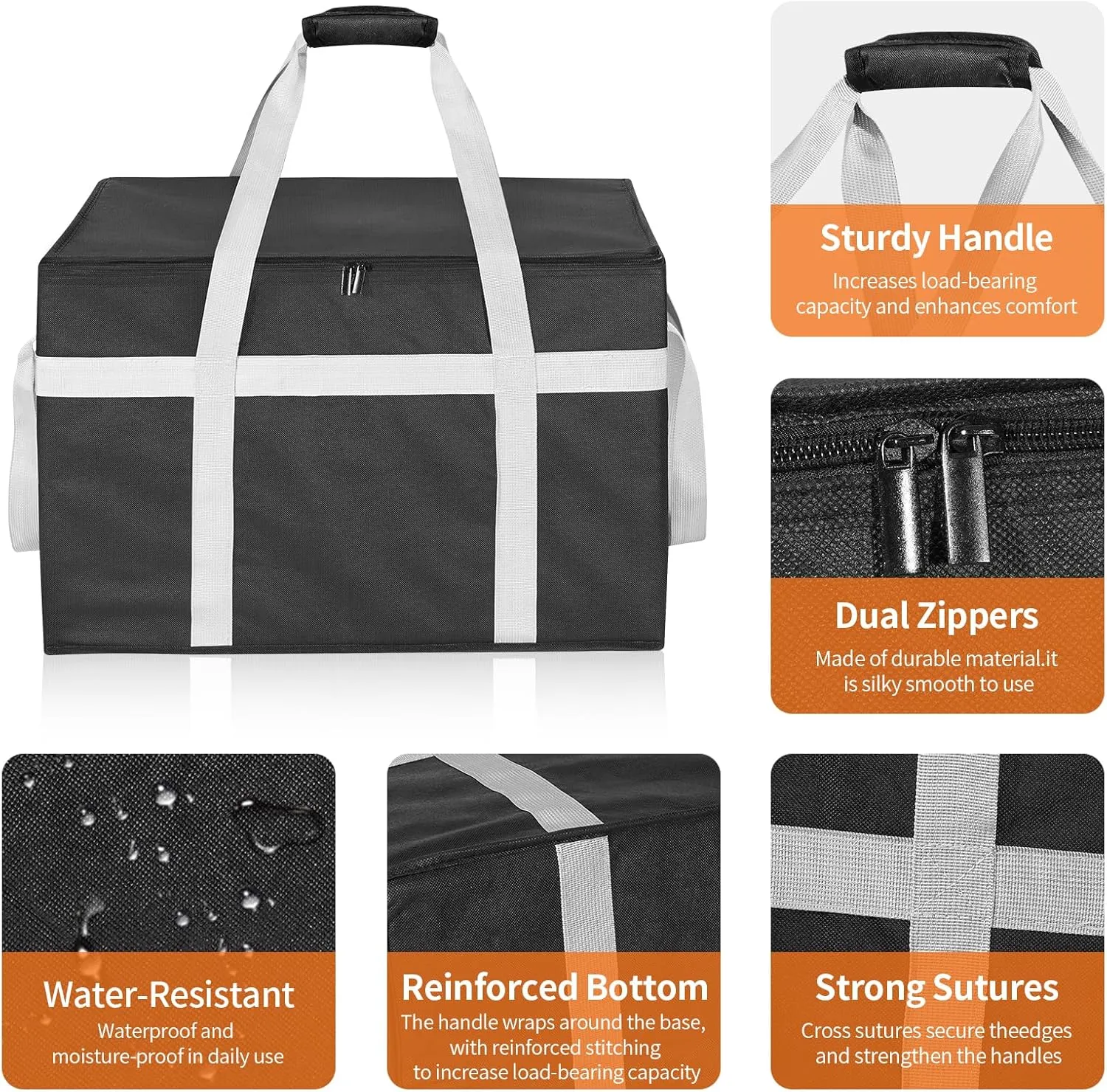 2 Pack Insulated Food Delivery Bag with Removable Hard Bottom, XXXL Reusable Insulated Grocery Bag for Hot and Cold Food, Catering Cooler for Doordash,Warmers, Parties (Black)