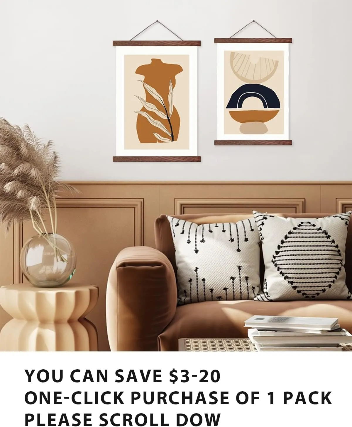 2 Pack Magnetic Poster Hanger Frame 20 Inch Wide, Walnut, Strong Magnet, Premium Wood and Quick Assembly, Wall Hanging Wooden Frame for Posters, Scroll, Picture, Print, 20x28 20x30 20x24