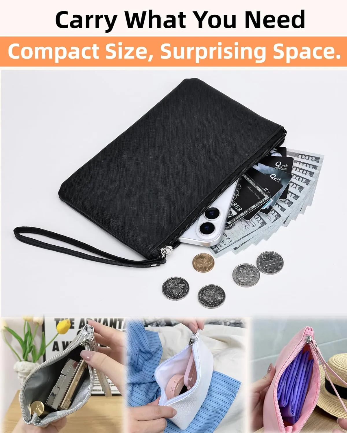 2 Pack Small Zipper Pouch Mini Makeup Bag for Purse Lipstick Cosmetic Travel Make Up Organizer for Women Essentials Feminine Products, Car Change Coin Holder 8x5 Phone Wristlet Wallet, Black