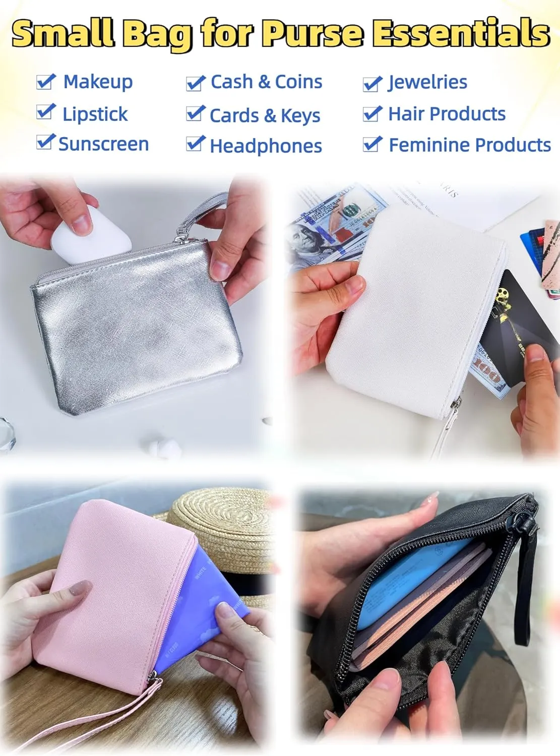 2 Pack Small Zipper Pouch Mini Makeup Bag for Purse Lipstick Cosmetic Travel Make Up Organizer for Women Essentials Feminine Products, Car Change Coin Holder 8x5 Phone Wristlet Wallet, Black