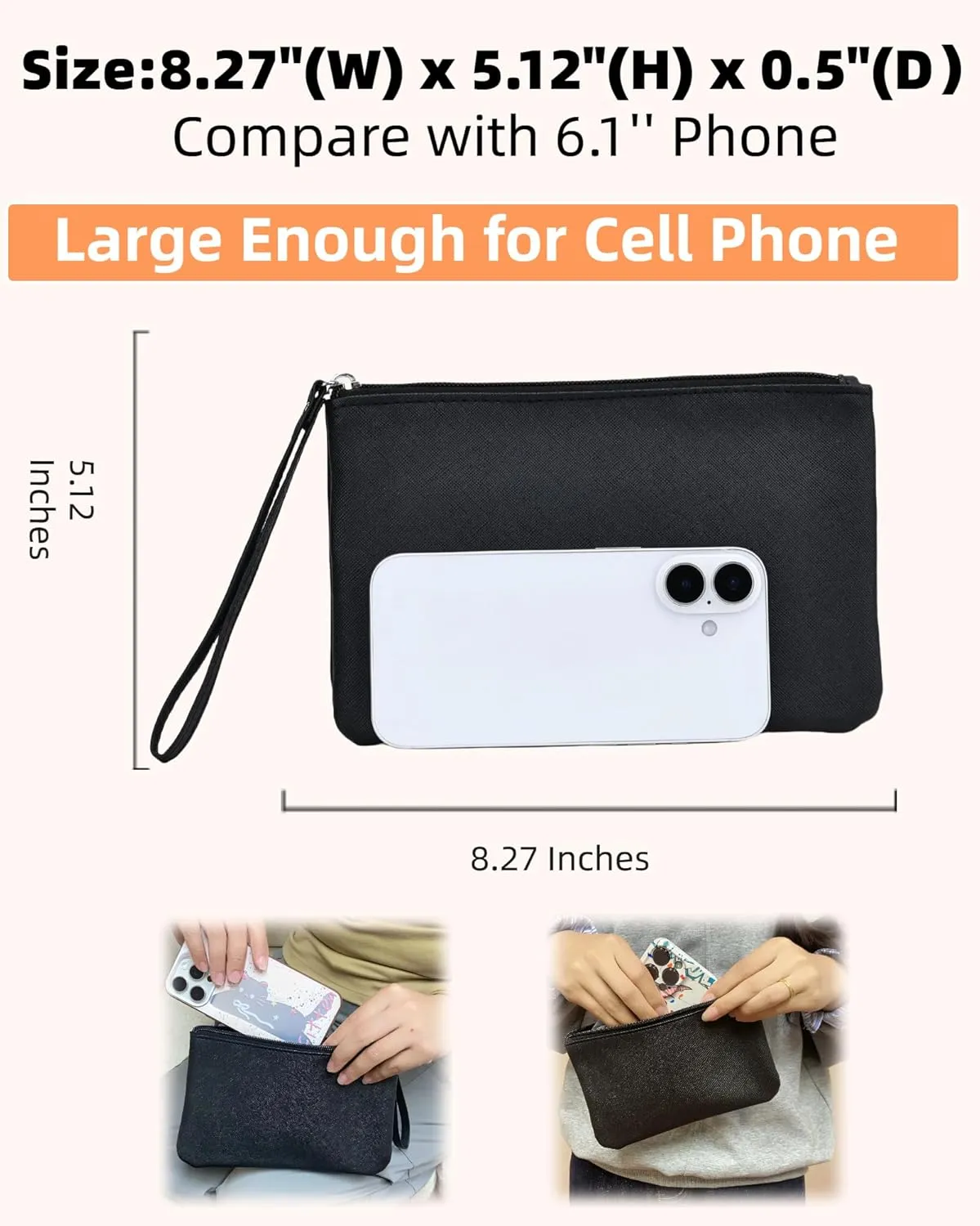 2 Pack Small Zipper Pouch Mini Makeup Bag for Purse Lipstick Cosmetic Travel Make Up Organizer for Women Essentials Feminine Products, Car Change Coin Holder 8x5 Phone Wristlet Wallet, Black