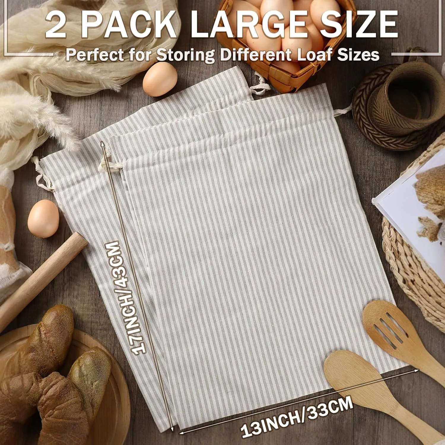 2 Pcs Bread Bags for Homemade Reusable Storage Bag with Plastic Lined 8.5x4.5x12 Inches Linen Bread Saver Container Bag Cotton Sourdough Homemade Bags(Retro Style)