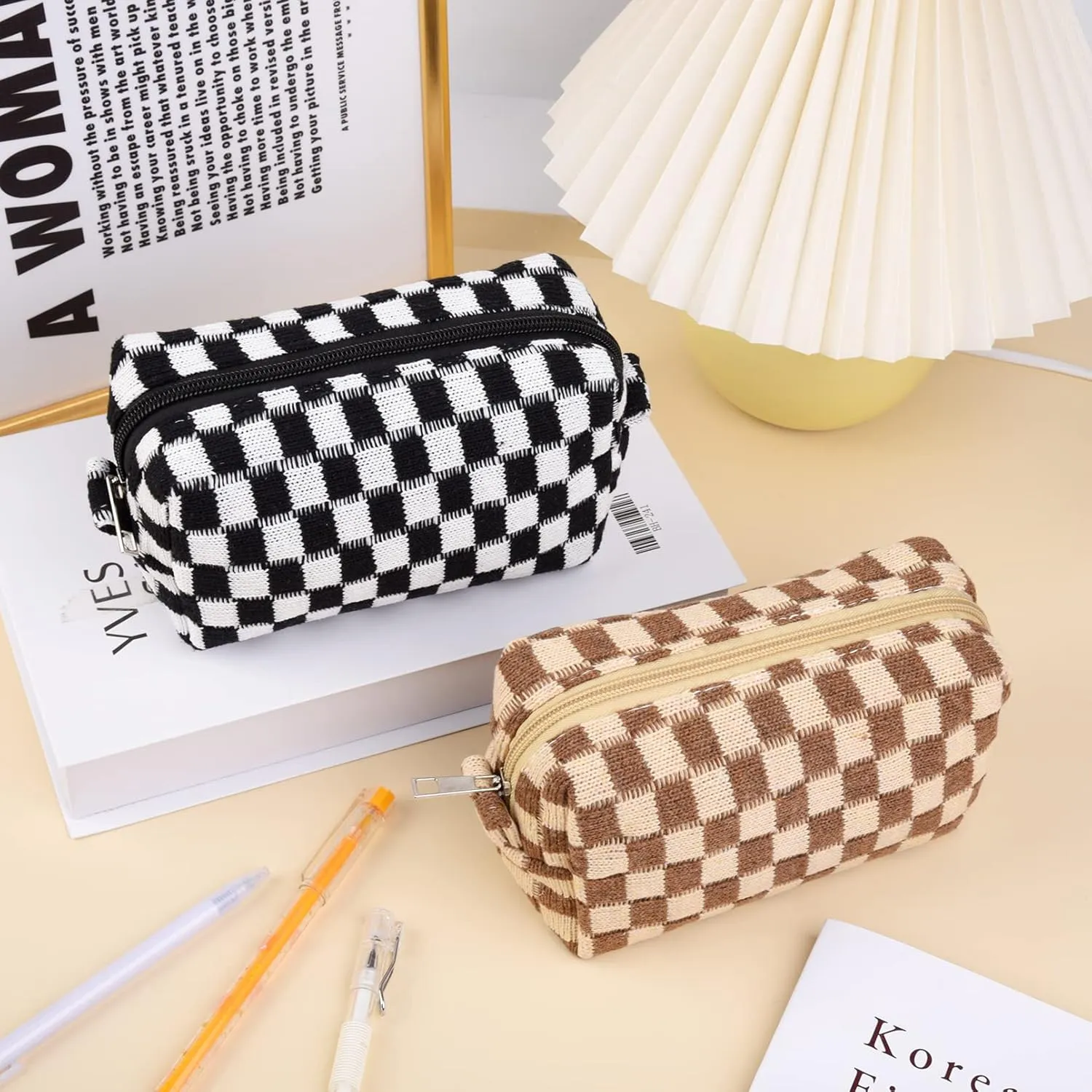 2 Pieces Checkered Cosmetic Travel Bags - Cute Makeup Pouch Organizers With Brush Storage for Women