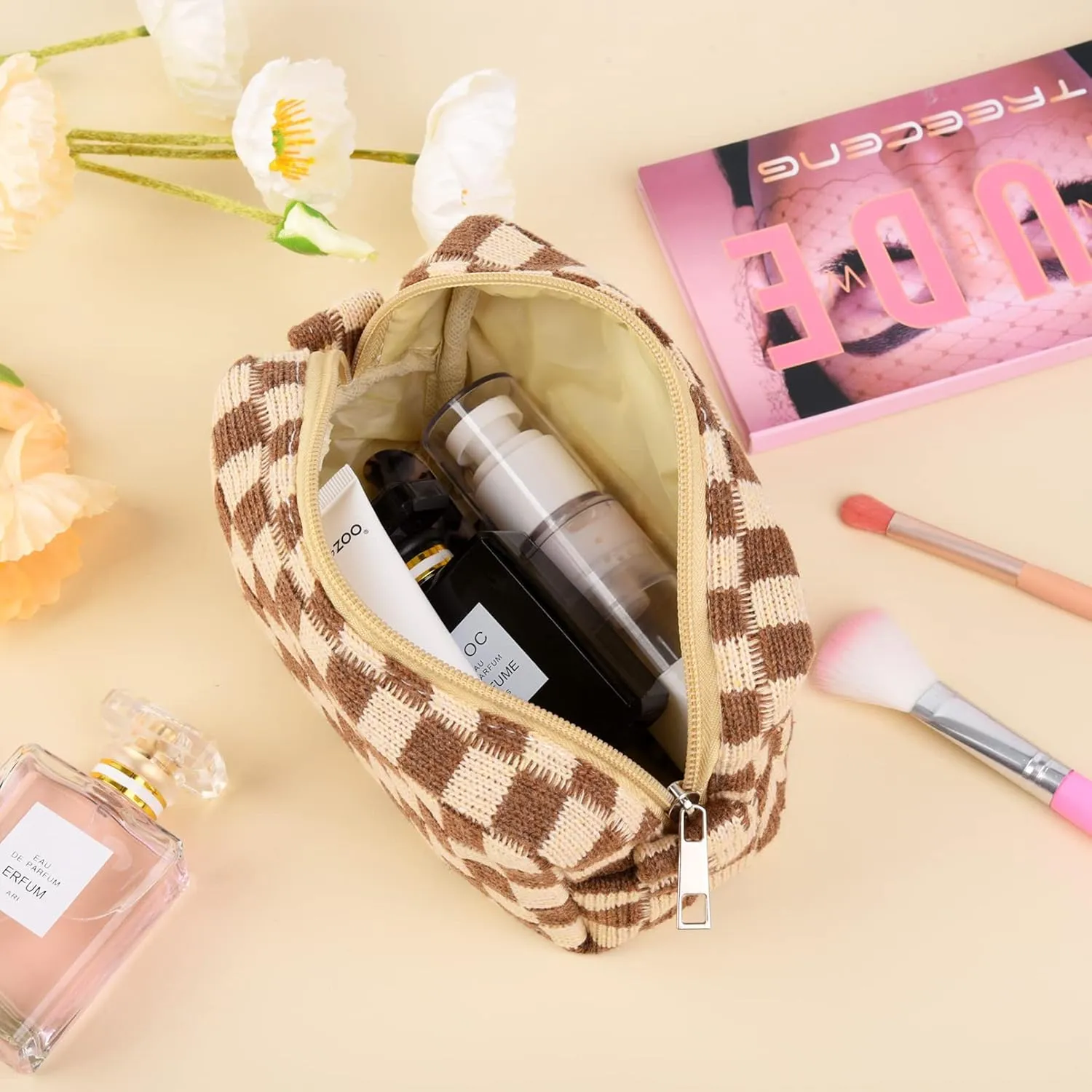 2 Pieces Checkered Cosmetic Travel Bags - Cute Makeup Pouch Organizers With Brush Storage for Women