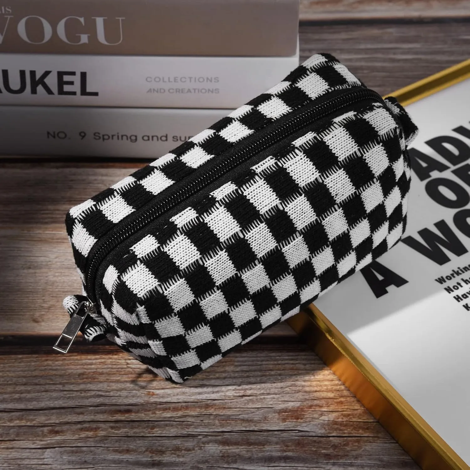 2 Pieces Checkered Cosmetic Travel Bags - Cute Makeup Pouch Organizers With Brush Storage for Women
