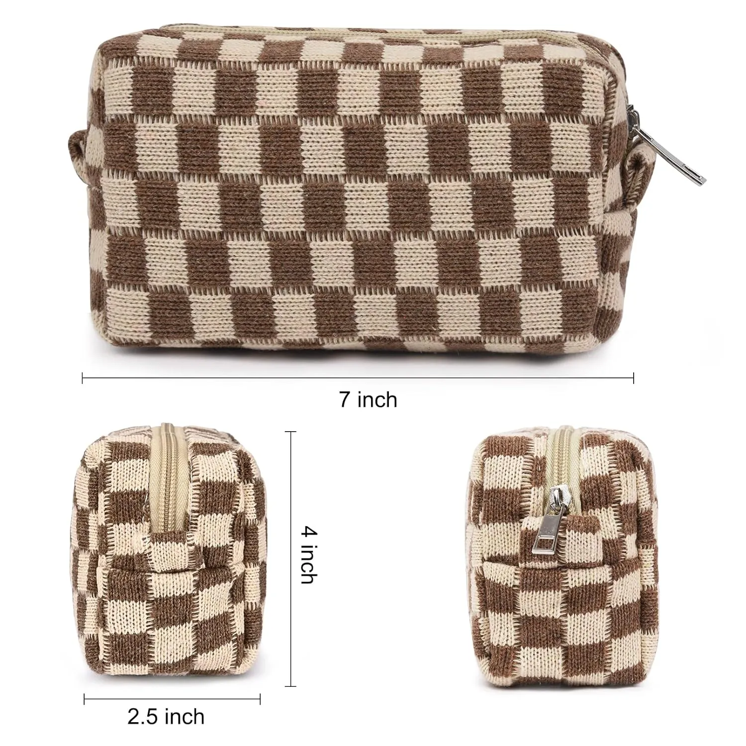 2 Pieces Checkered Cosmetic Travel Bags - Cute Makeup Pouch Organizers With Brush Storage for Women